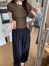 Y2K Vintage Slim Fit Crop Top - Solid Crewneck Short Sleeve Tee