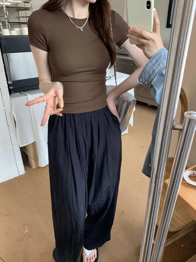 Y2K Vintage Slim Fit Crop Top - Solid Crewneck Short Sleeve Tee