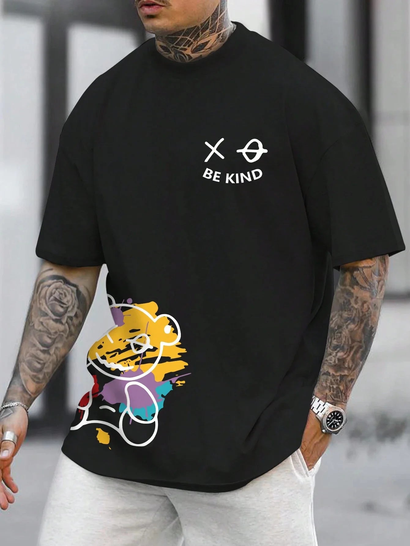 Men’s 100% Pure Cotton "BE KIND" Cartoon Print Loose Fit T-Shirt