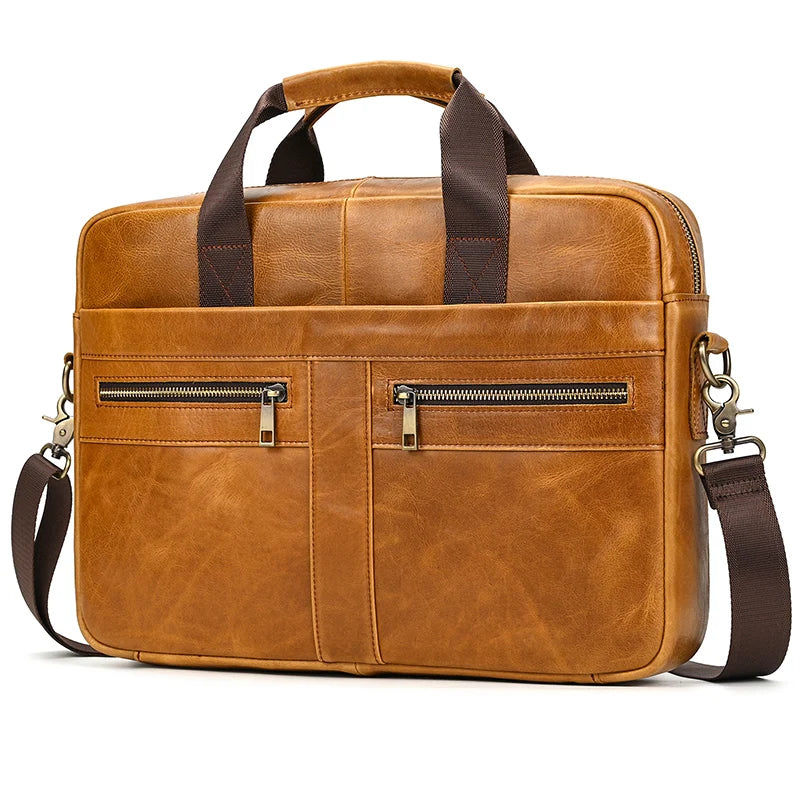 Luufan Genuine Leather Men's Business Handbag 15" Laptop Briefcase Bag Male A4 Document Shoulder Message Computer Bag Work Tote