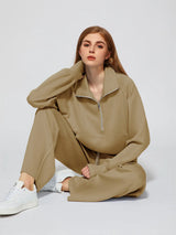 Woman Solid Color Half Zip Long Sleeve Sweatshirt and Wide Leg Pants Set Casual Sporty Two Piece Outfit