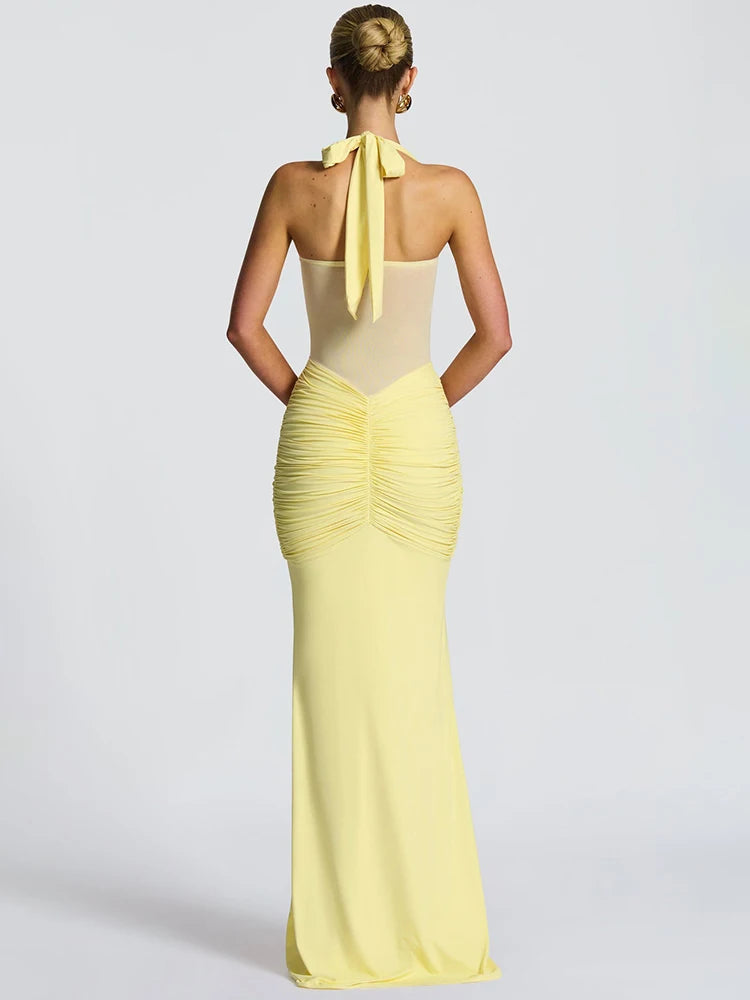 Women’s Halter Backless Maxi Dress – Off-Shoulder Ruched Bodycon Club Party Gown
