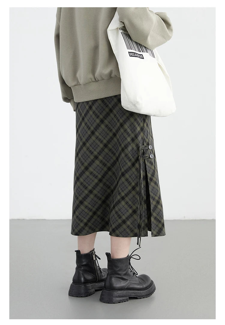 CHIC VEN Women Long Skirt Casual New Sweet Cool Style High Waist Slit Plaid Half Skirt Straight Tube Skirts Spring Autumn 2024