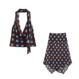 Polka Dot Printed Midi Skirts Two Piece Sets for Women 2026 Summer Chic Scarf Halter Top Suits Beach Woman 2 Piece Outfits