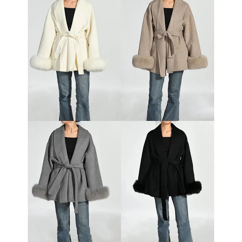 Elegant Fox Fur & Double-Sided Wool Coat