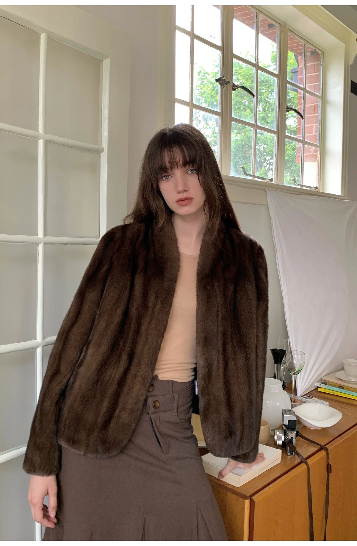 Women's Short Faux Fur Coat with Stand Collar