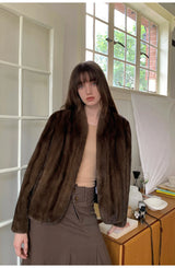 Women's Short Faux Fur Coat with Stand Collar