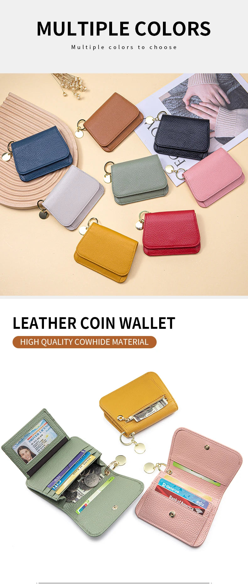 Women Genuine Leather Slim TriFold Wallet Credit Card Holder With Zipper Coin Pouch, ID Window & Keychain