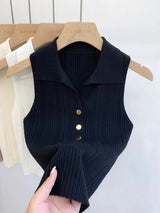 Summer Turn Down Collar Gold Button Slim Knitted Sweater Vests Elegant Knitwear Tank Tops BSTFSC-m1948