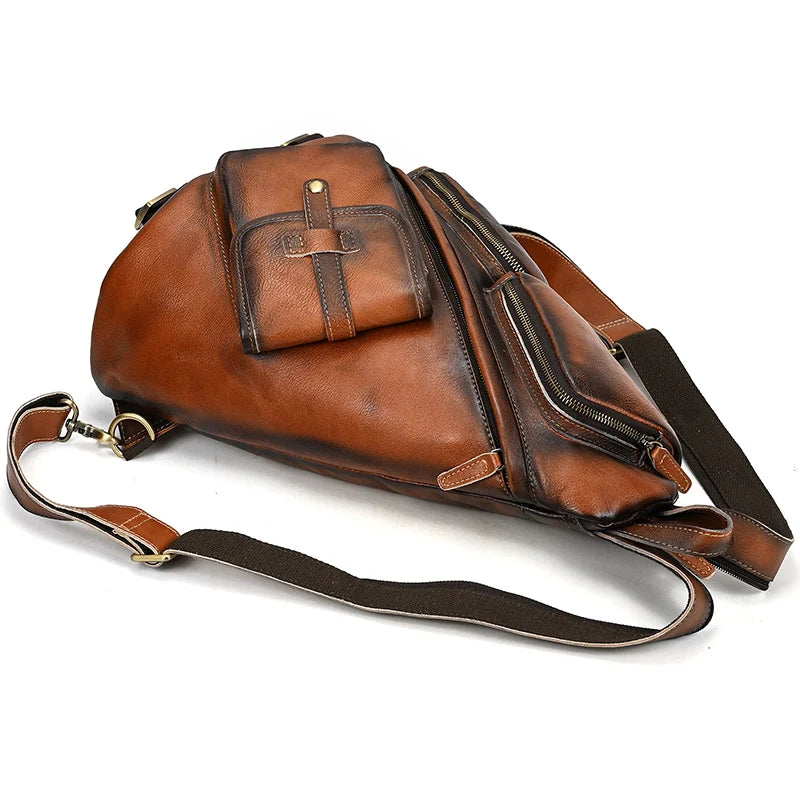 Single Shoulder Bagpack Genuine Leather Chest Bag Outdoor Riding Bag Chest Packs For Biker Men Male Sling Bags Cow Leather