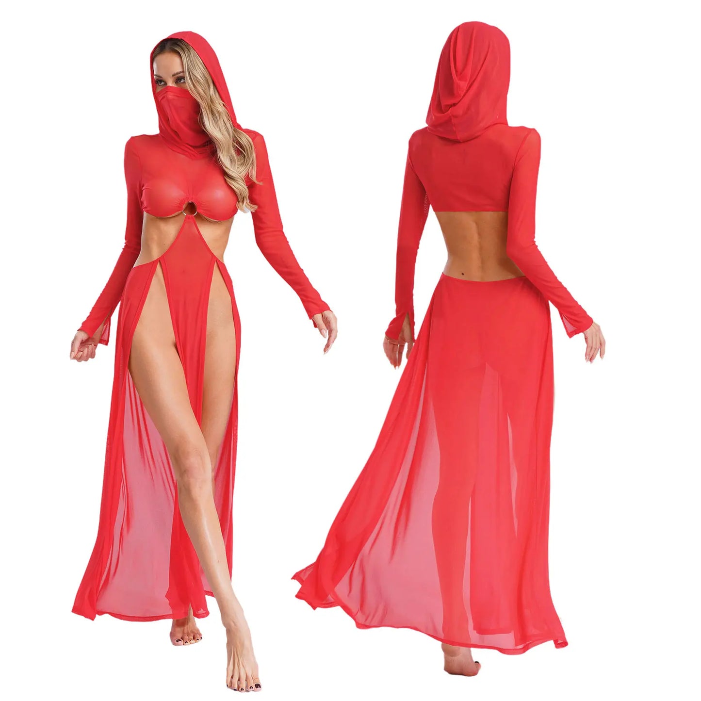 Women’s Hooded Mask Sheer Maxi Dress
