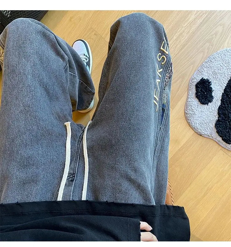 Men’s Bear Embroidered Wide-Leg Jeans