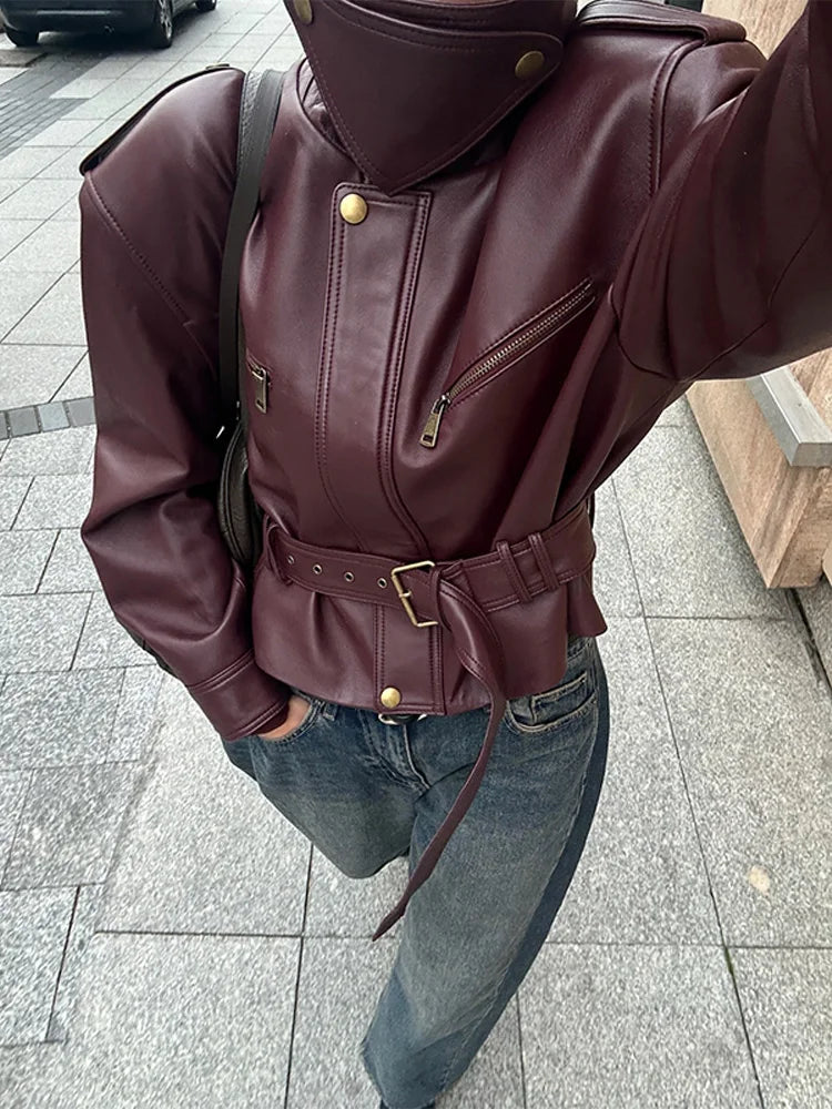 Vintage Fashion Elegant High Neck Leather Jacket 2025 New Exquisite Cinched Waist Short Coat High Street Faux Leather Clothes