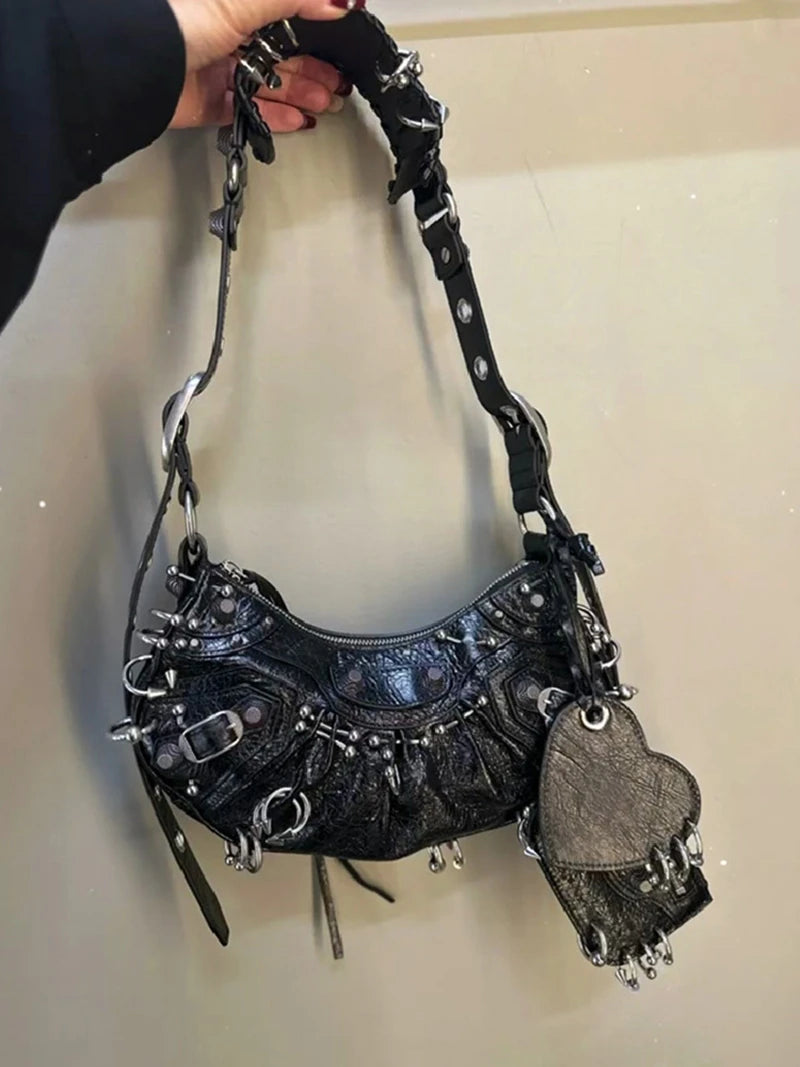  ﻿ 2026 New Women's Fashion Shoulder Bag European Vintage Style Cropped Studded Motorcycle Bag Soft Material Crossbody Design