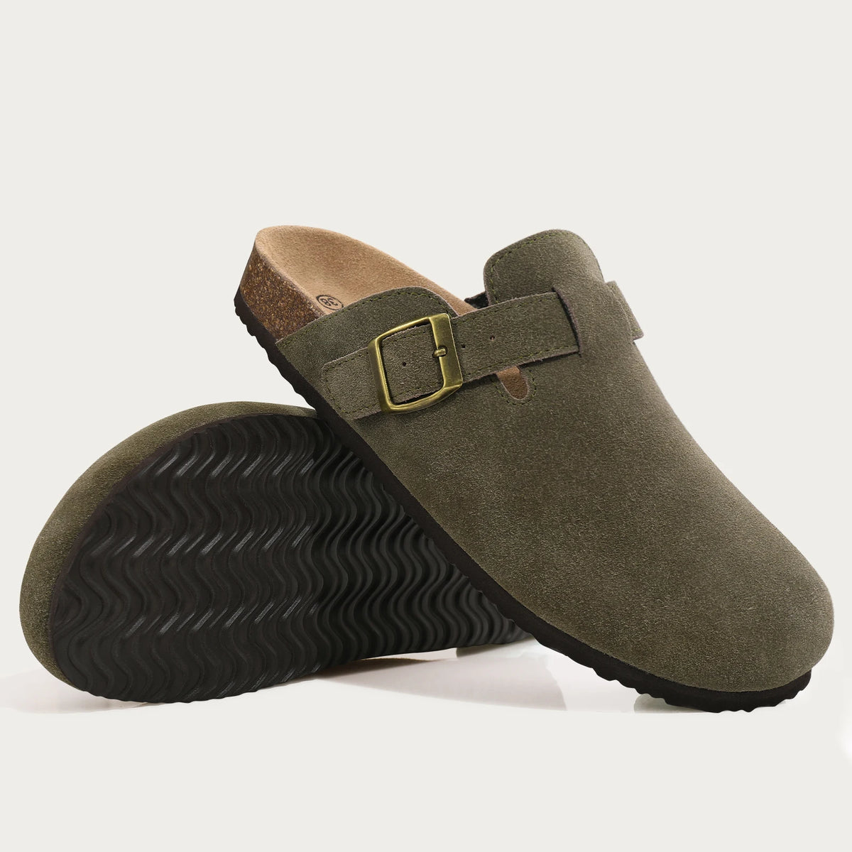Evshine Men's Suede Clogs Fashion Leather Mules Cozy Footbed Slippers With Adjustable Buckle AntiSlip Cork Slippers Unisex Mules