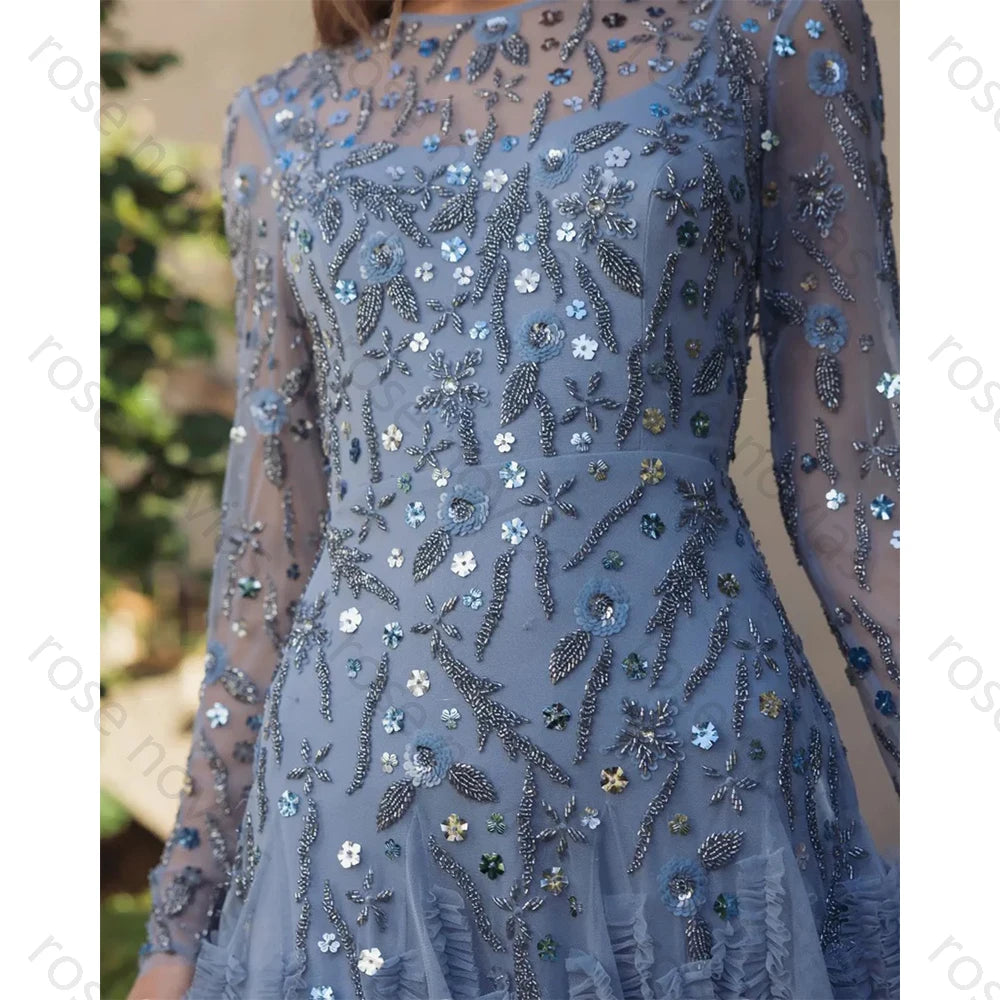 Customized Gray Tulle High Quality Evening Dress Scoop for Floor-Length with Beads A-line for Formal Evening Vestidos De Fiesta