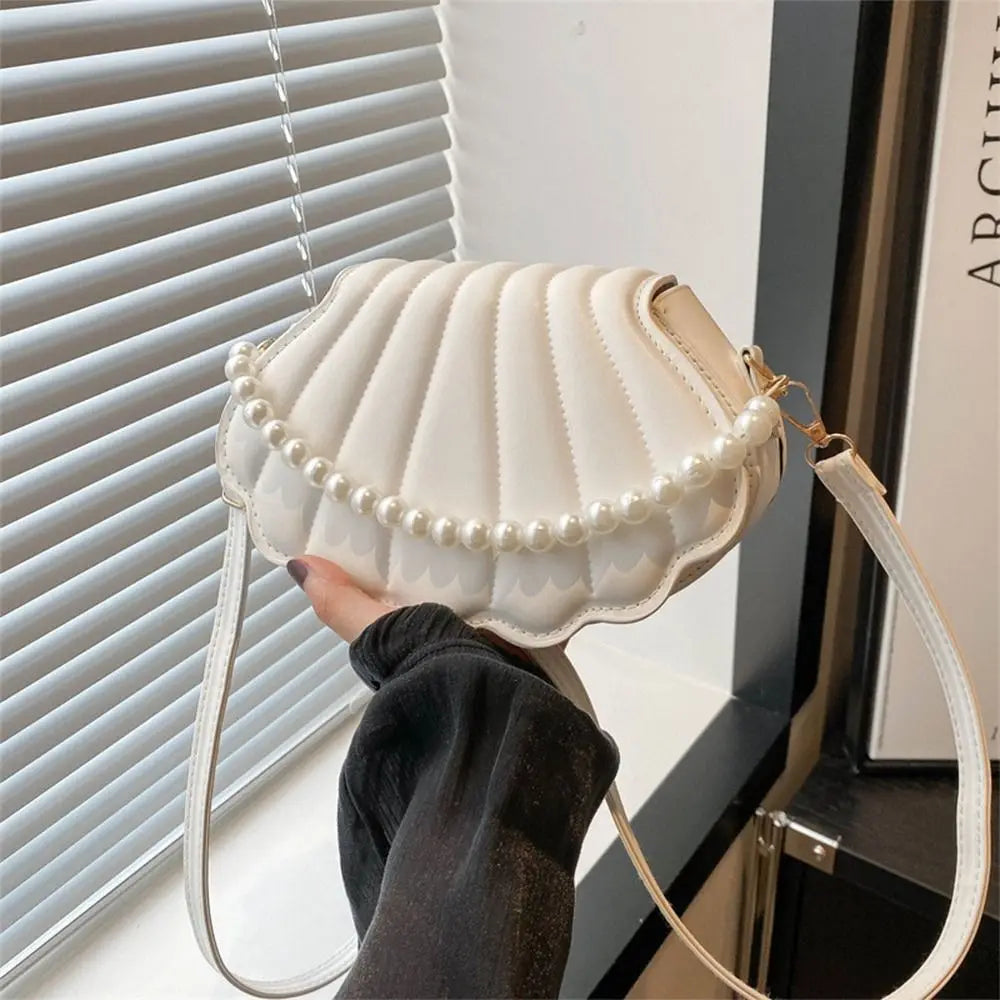 Durable Cute Shell Shoulder Bag Minimalist with Pearls Design Crossbody Bag PU Leather Pearl Decorated Handbag for Women Girls