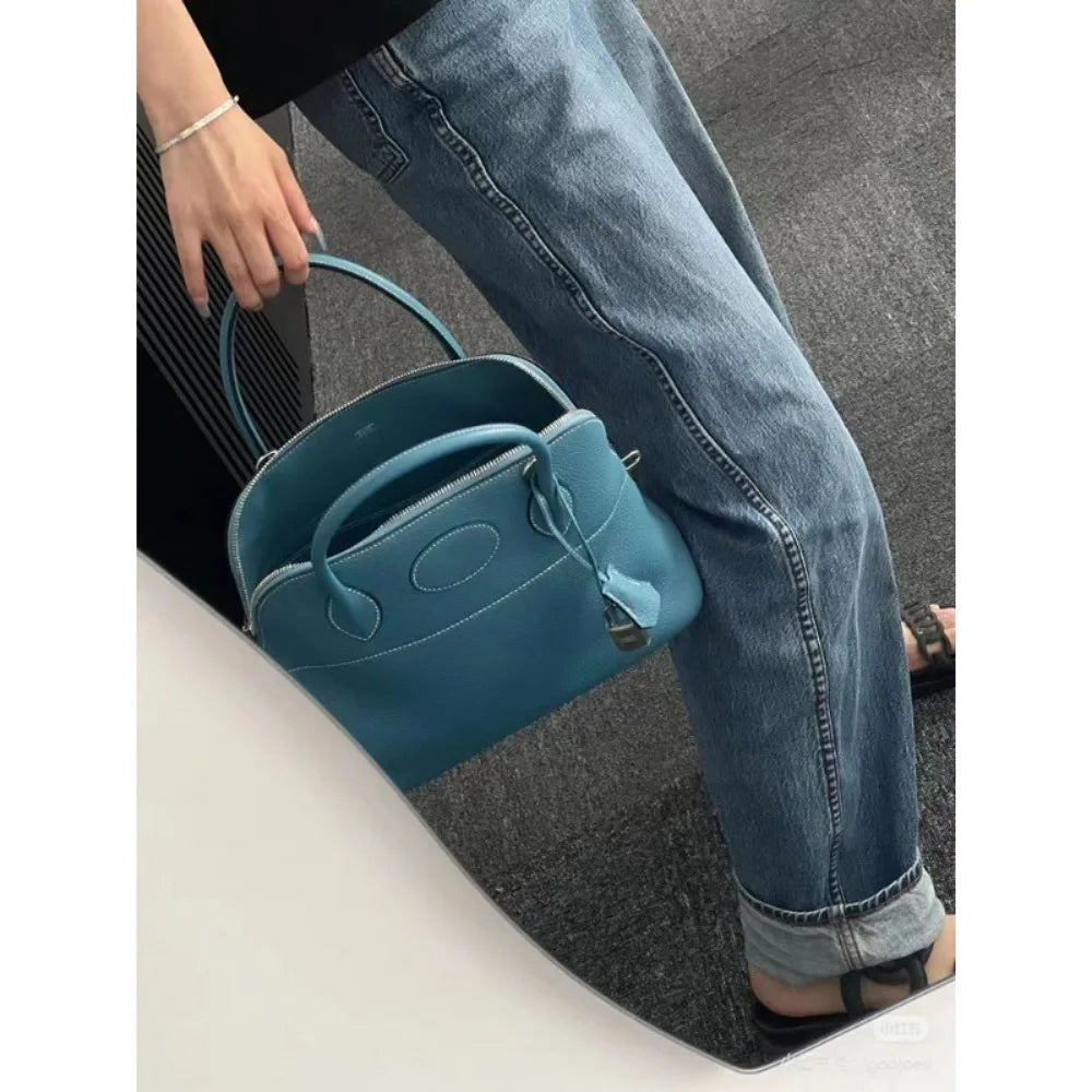 Premium Semi-handmade First-layer Cowhide Bowling Bag Portable Shoulder Large Shell Bag Commuting Temperament Versatile