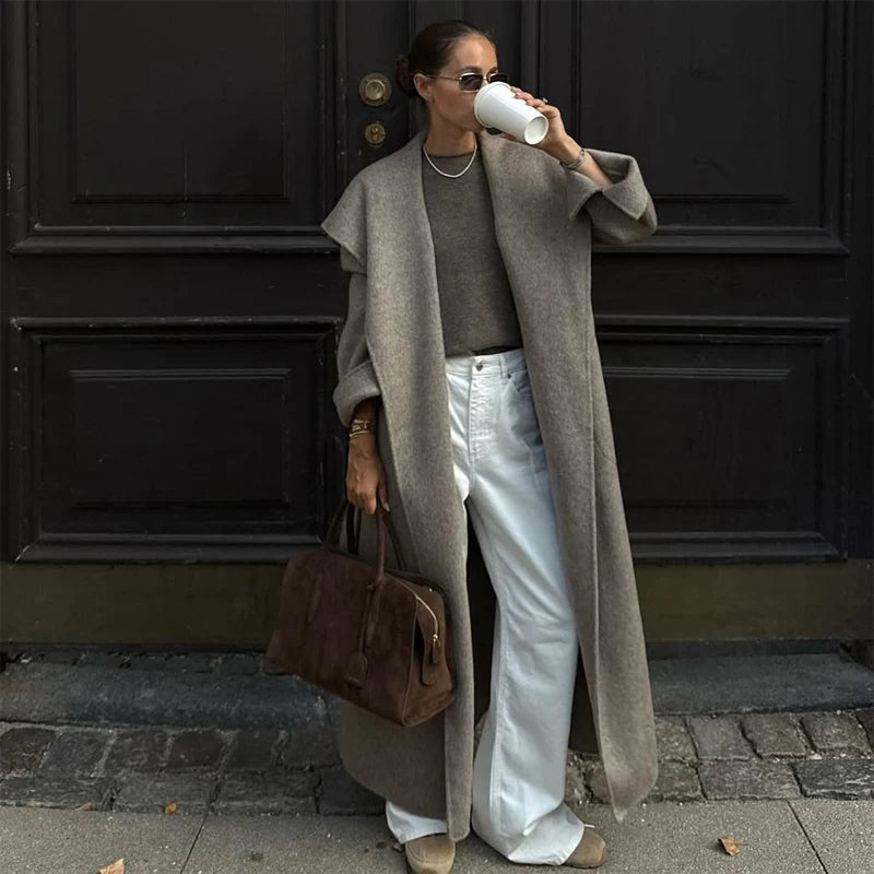 Navy Collar Lace Up Woolen Long Coat Women Elegant V-neck Full Sleeves Pockets Loose Overcoat 2026 Spring Lady Daily Street Wear