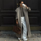 Navy Collar Lace Up Woolen Long Coat Women Elegant V-neck Full Sleeves Pockets Loose Overcoat 2026 Spring Lady Daily Street Wear