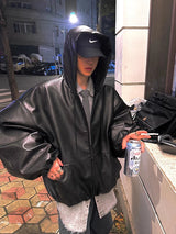 Men’s Oversized Hooded Faux Leather Jacket
