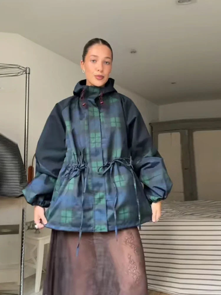 Vintage Plaid Oversized Hoodie Jacket for Women