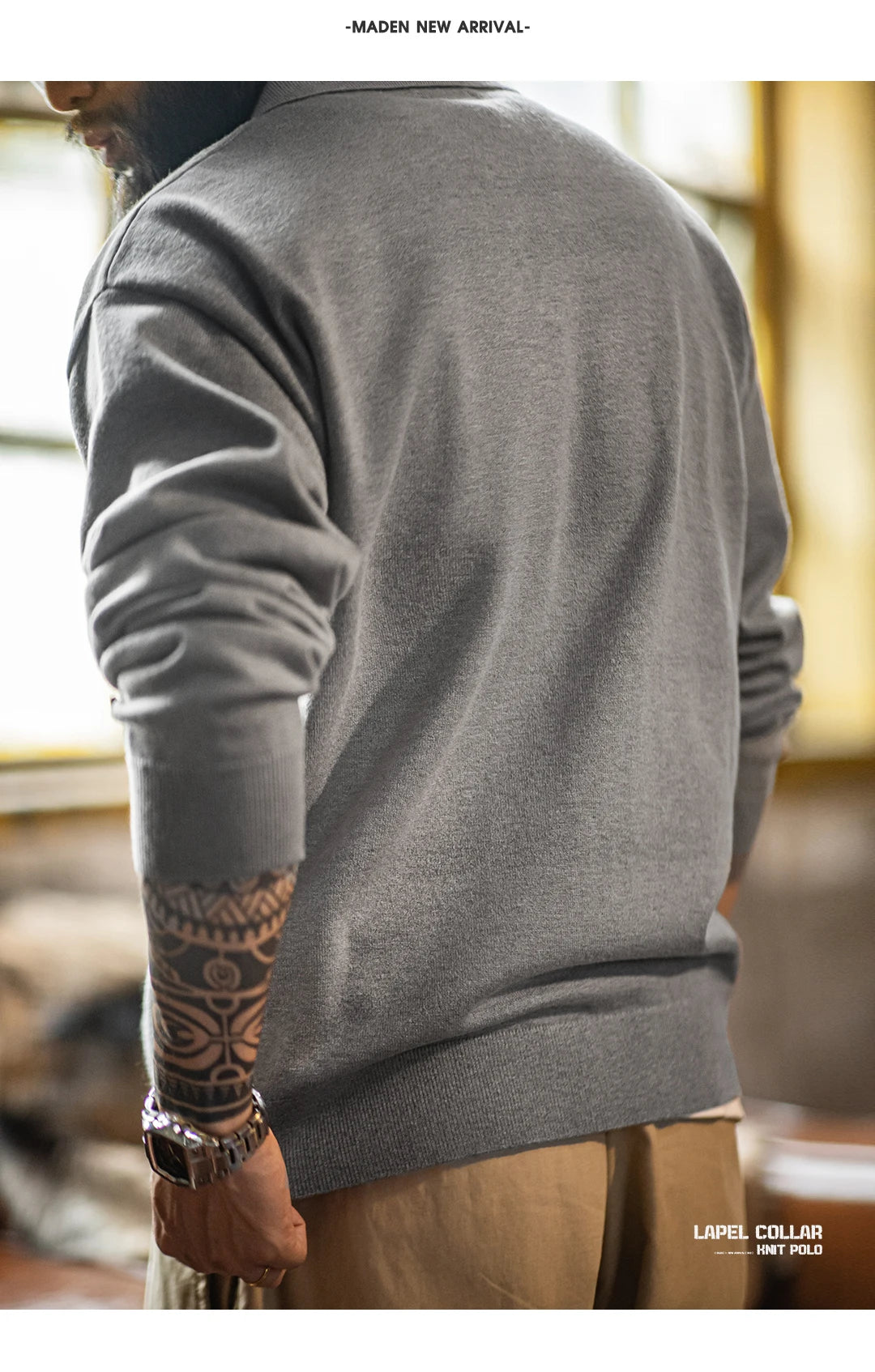 Maden Men's Vintage Long Sleeve Knit Polo