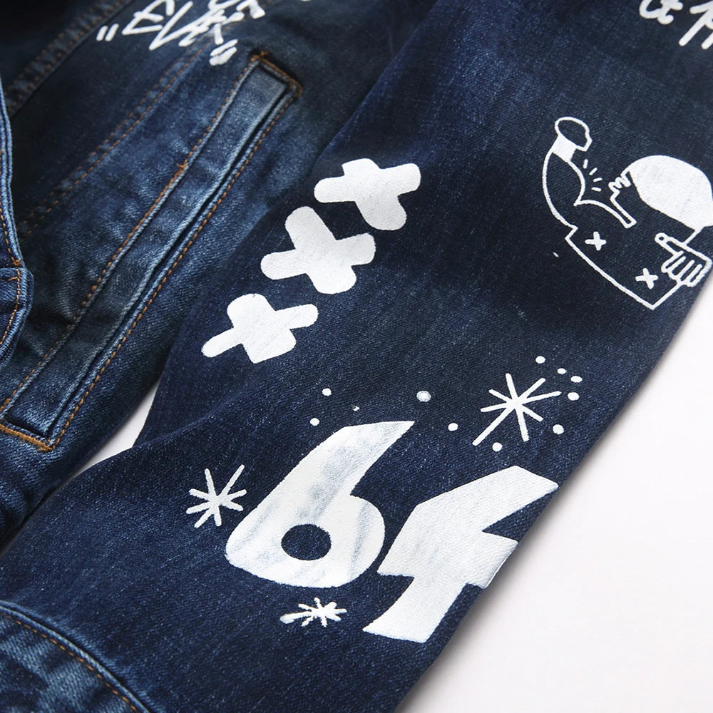 Men Graffiti Denim Jacket Casual Letters Printed Stretch Blue Jean Coat Slim Fit Lapel Collar Long Sleeve Outerwear