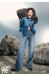TOYOUTH Women Denim Jeans 2025 Autumn New Lycra Stretch Washed Wide Leg Straight Long Pants