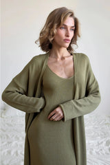 Hirsionsan Soft Loose Sets Women Two Pieces Long Sleeve Cardigan & Vest Dresses Elegant Female Hollow Outfits Cotton Tracksuit