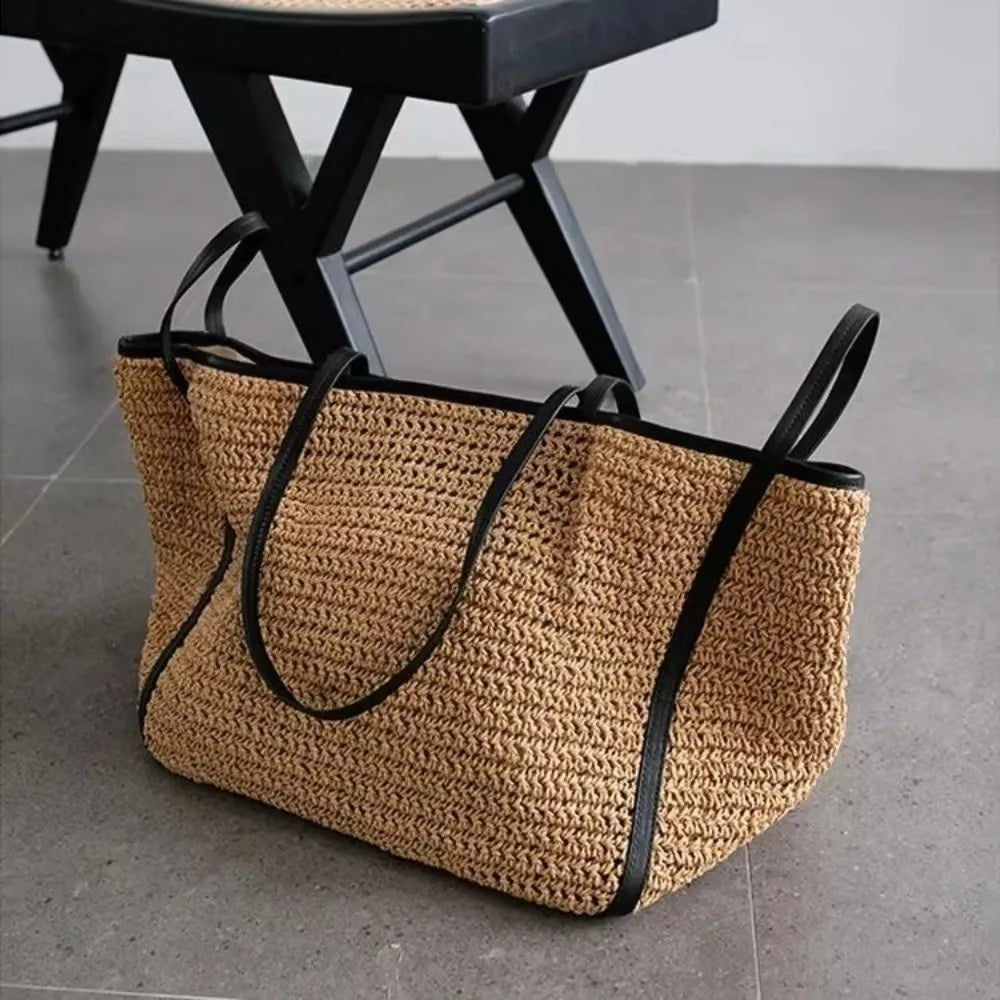 Fashion Vintage Straw Baskets Bag Straw Handmade Woven Beach Bag Korean Style Large Capacity Tote Bag Women Accessory