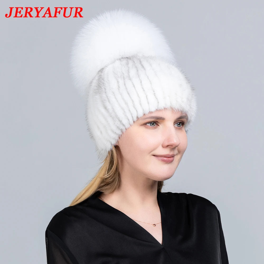 JERYAFUR Luxe Mink & Fox Fur Winter Hat for Women