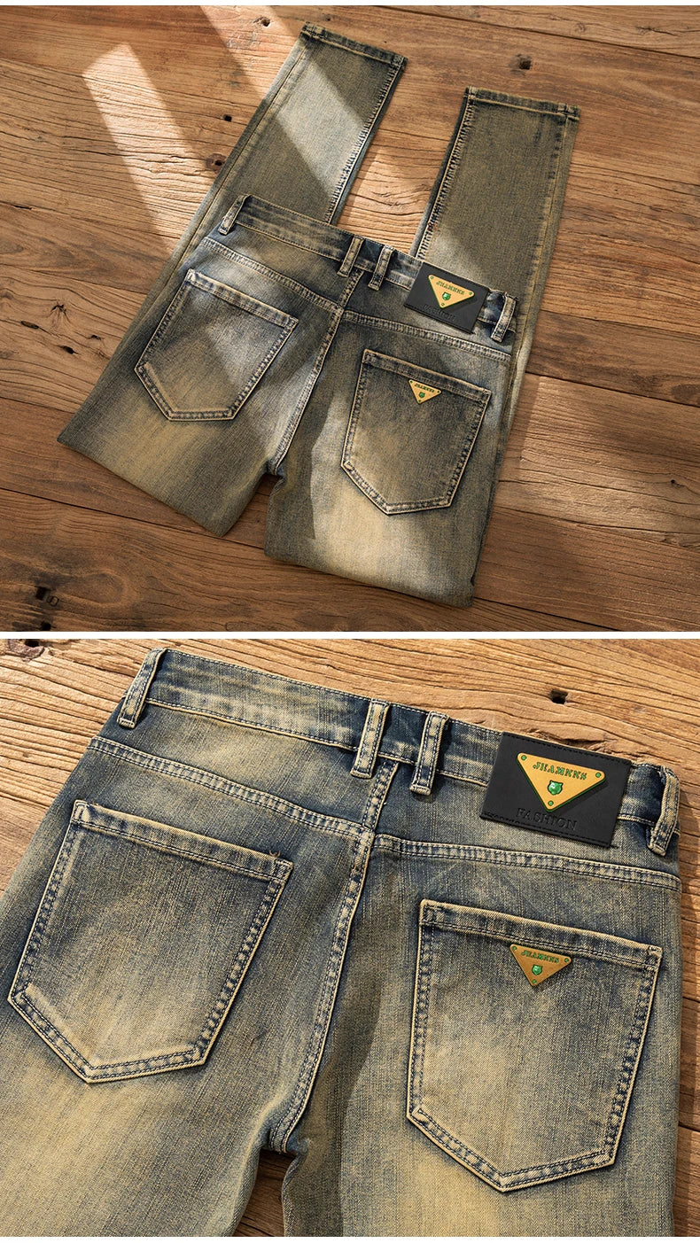 2026 European Trendy Brand Yellow Mud Jeans Men's Retro Old Slim Fit Fashion Long Pants Autumn and Winter Thick Pants
