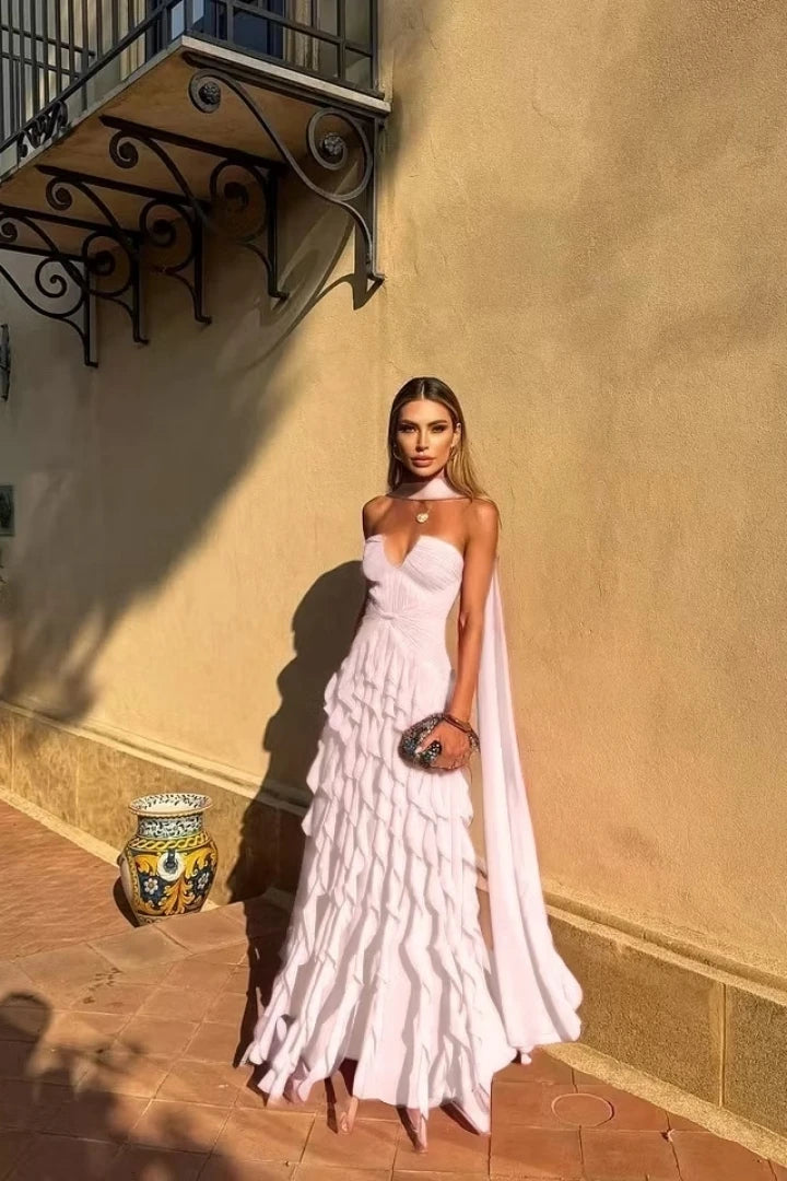 Halter Sweetheart Ruffle Chiffon Evening Gown | Maxi Dress