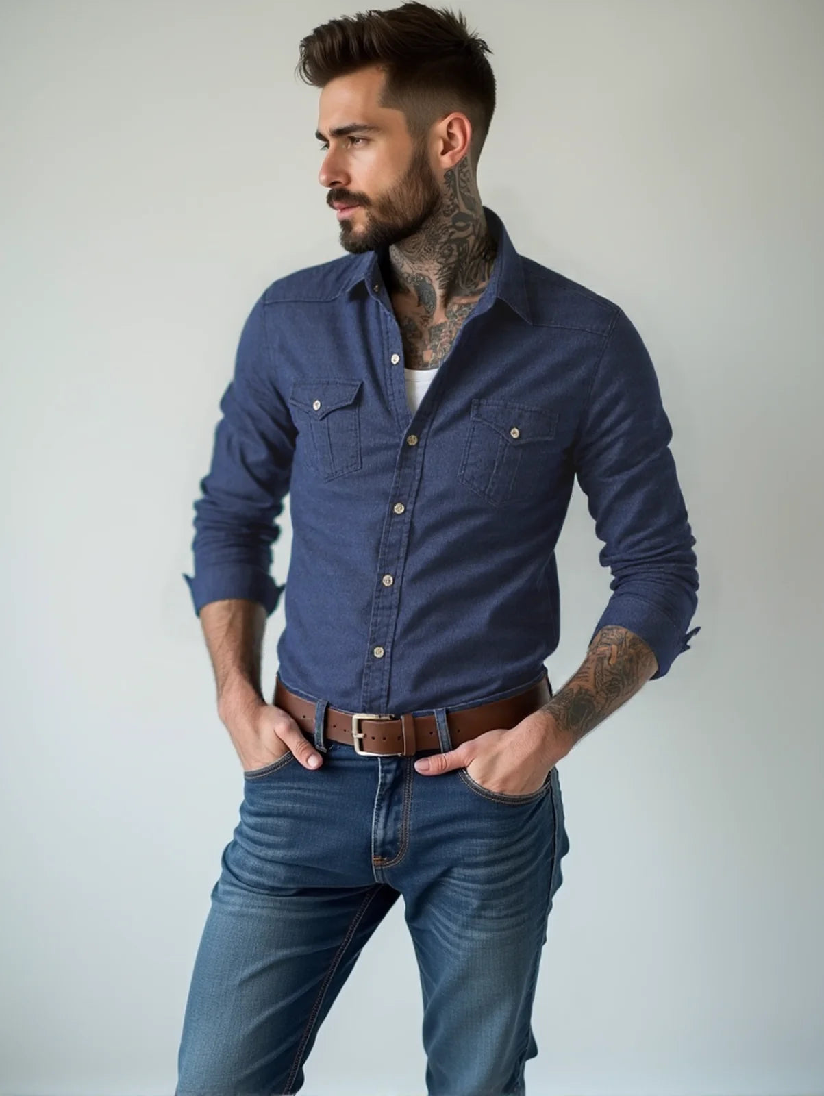 RVHS Elastic Cotton Denim Shirt Men Long Sleeve Quality Cowboy Shirts for Men Casual Slim Fit Mens Designer Clothing