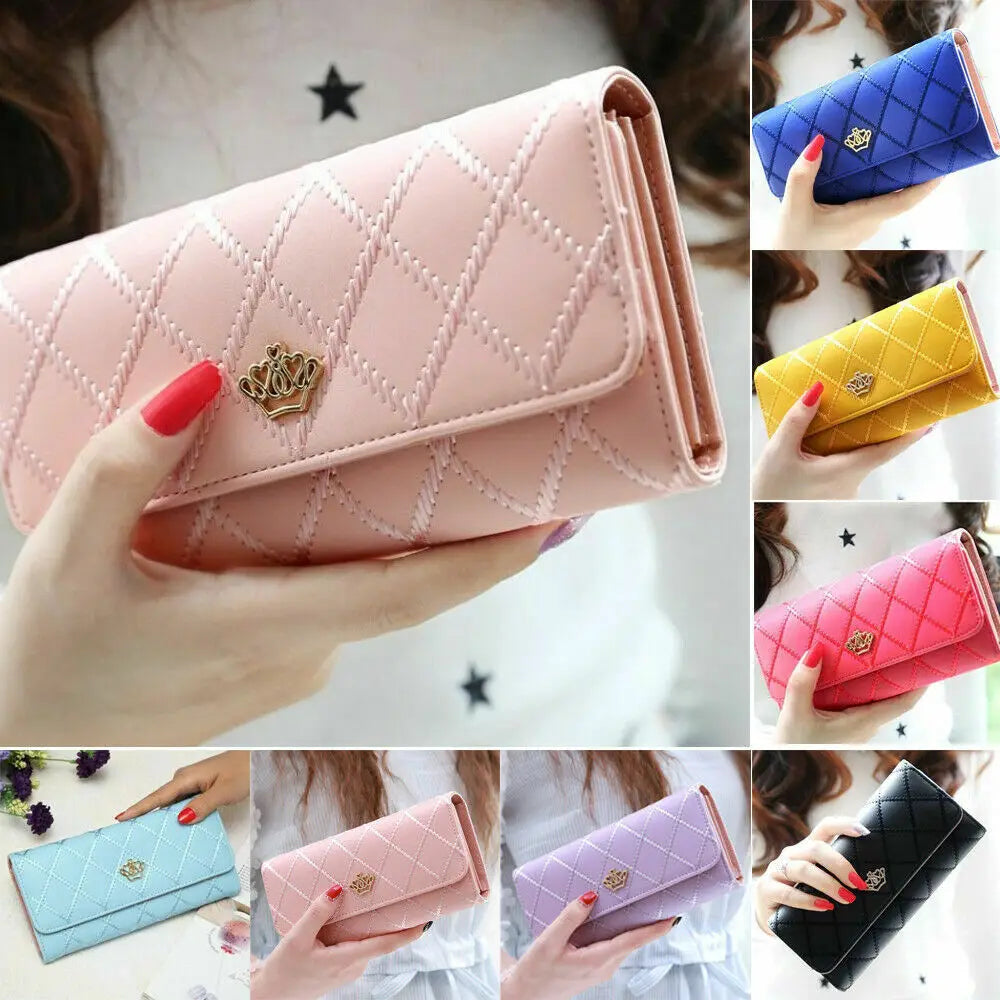 Women PU Leather Black Long Wallet Diamond Pattern Purse Large Capacity Card Holder Crown Buckle Ladies Phone Bag Girls Gifts