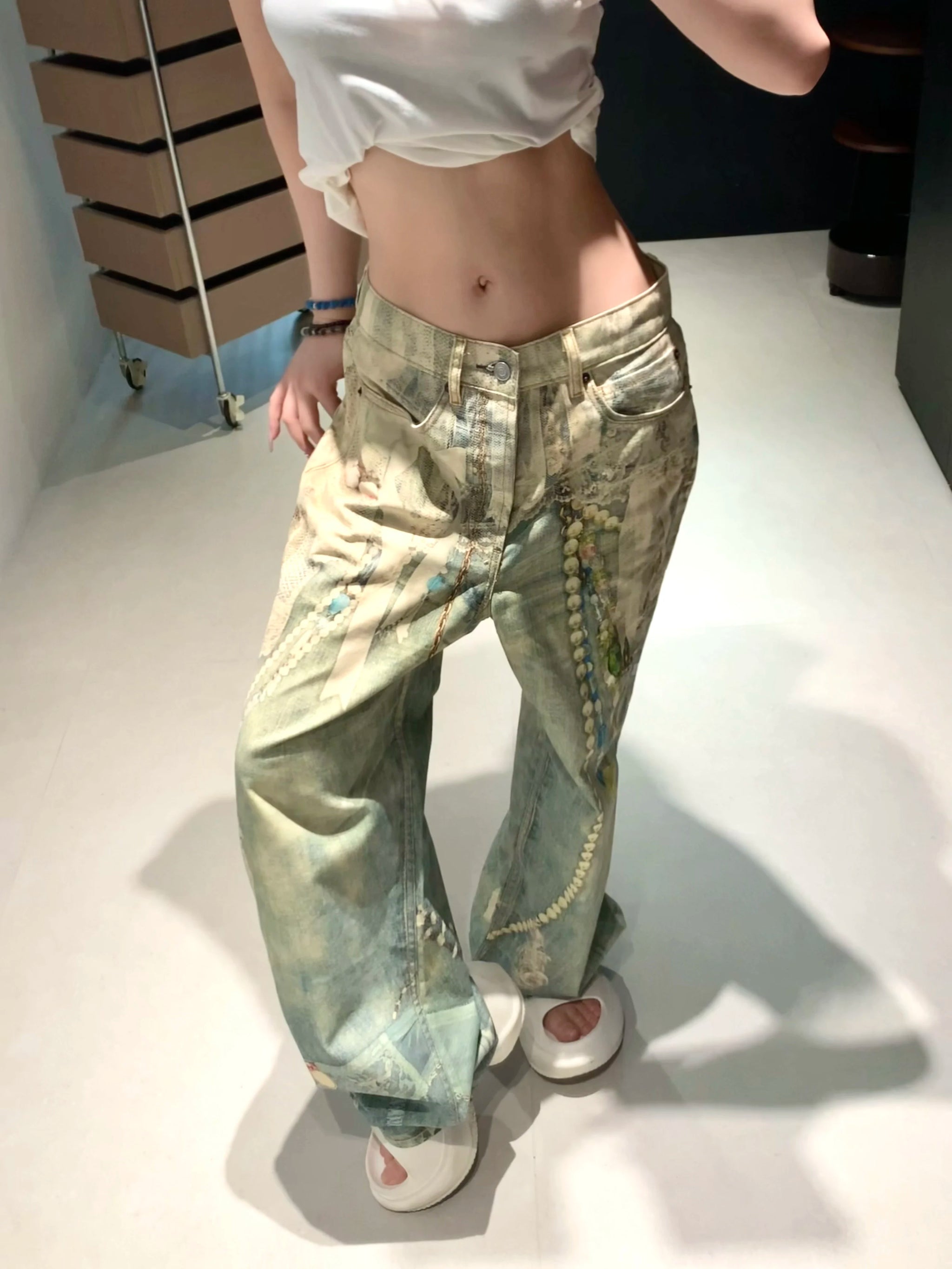3D Pearl Chain Trompe L'Oeil Straight-Leg Jeans