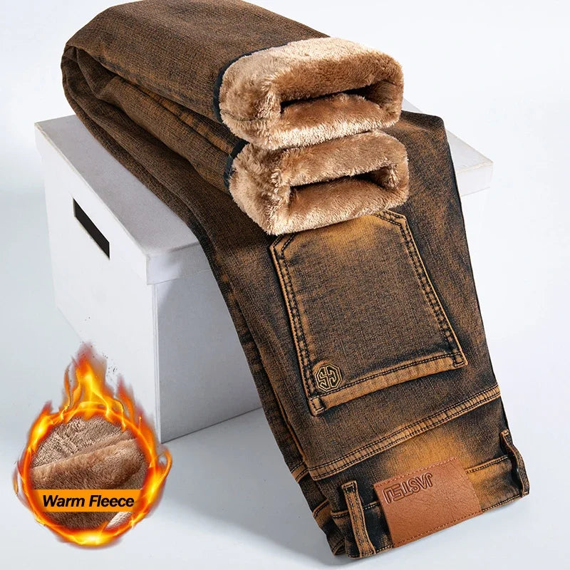 High Quality Brown Winter Jeans Men's Thickened Velvet Warm Elastic Straight Denim Pants Fashion Vintage Korean Plush Trousers