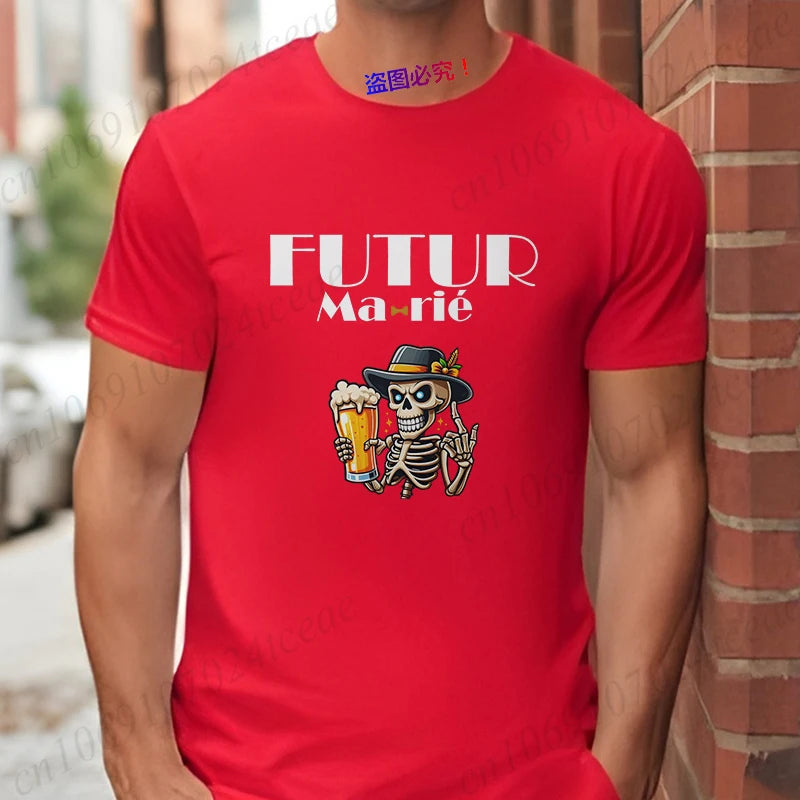 French Funny Single Farewell Bachelor Party T-shirt Wedding Beer Skeleton Tops Evg Team Married Tee Future Groom Man Squad Shirt
