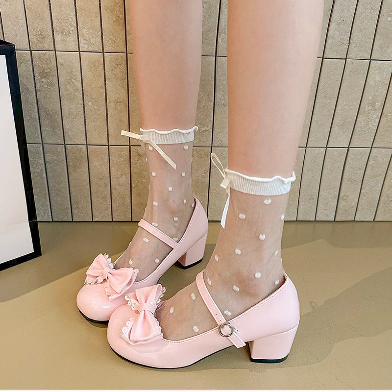 Cute Butterfly-knot Women Lolita Mary Jane Shoes Concise Thick Heel Leather Shoes Ladies Shallow Pumps