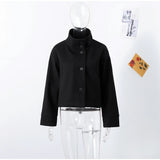 Fashion Short Woolen Coat Women Stand Collar Single-breast Full Sleeve Loose Pocket Jacket Female 2026 Autumn Solid Lady Outwear