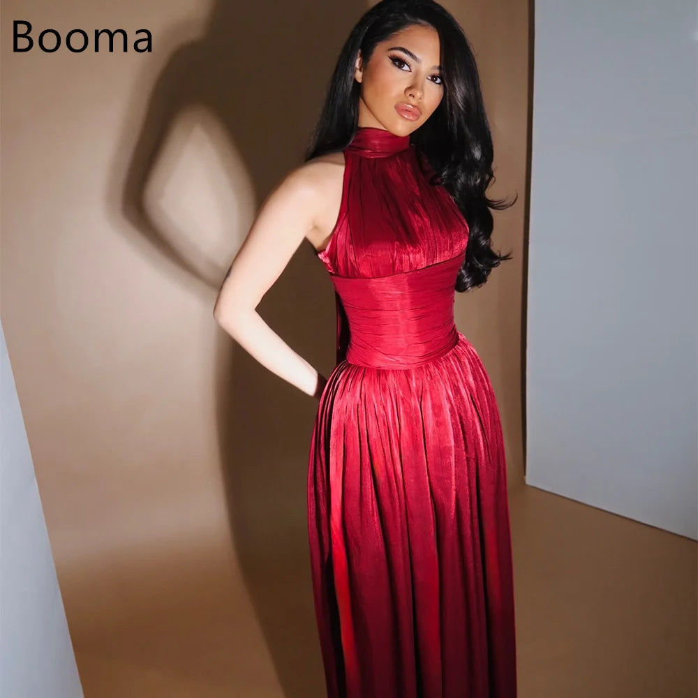 Red Satin A-Line Pleated Sleeveless Formal Gown