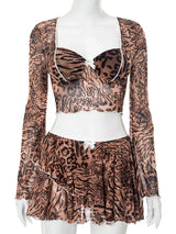 Leopard Print Skinny 2-Piece Set | Mesh Sleeve Crop Top & Ruched Skirt