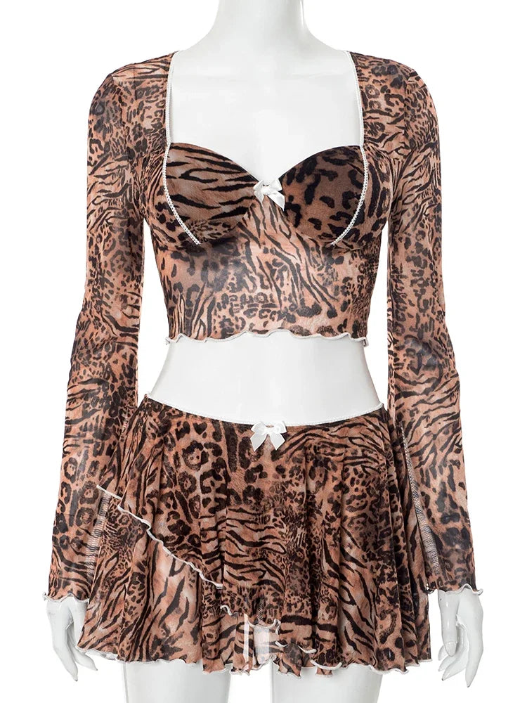 Leopard Print Skinny 2-Piece Set | Mesh Sleeve Crop Top & Ruched Skirt