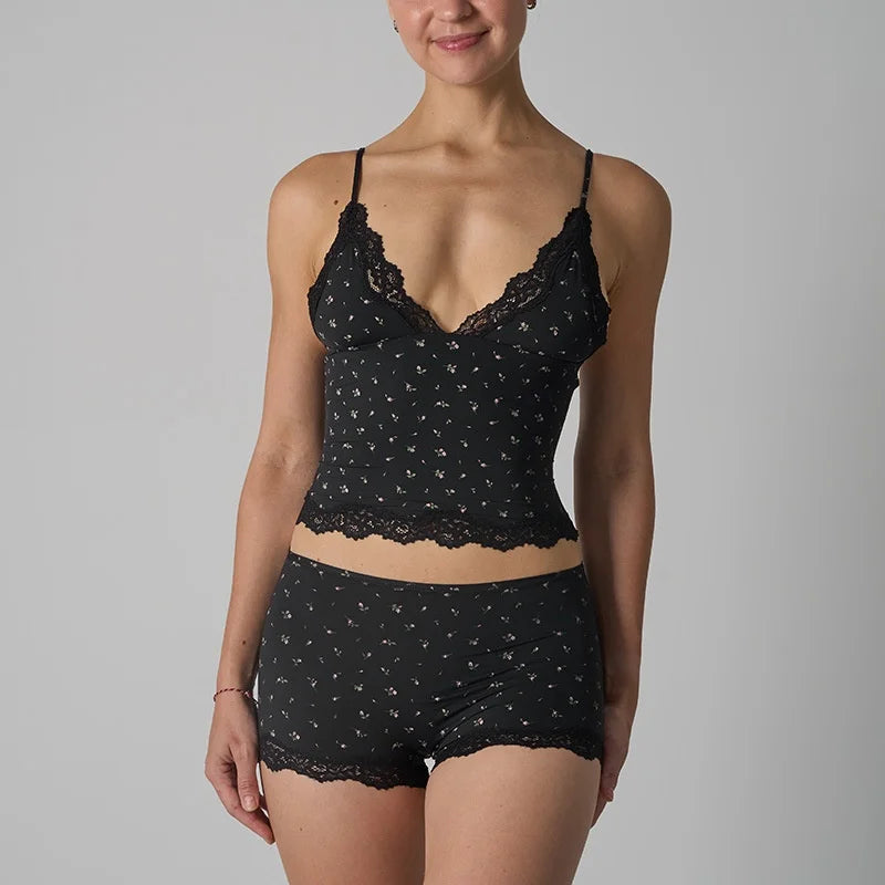 Europe American Simple Pink Light Thin Lace Strap Tank Top Flat Corner Lace Underwear for Women Comfortable Stretchy Short Sets