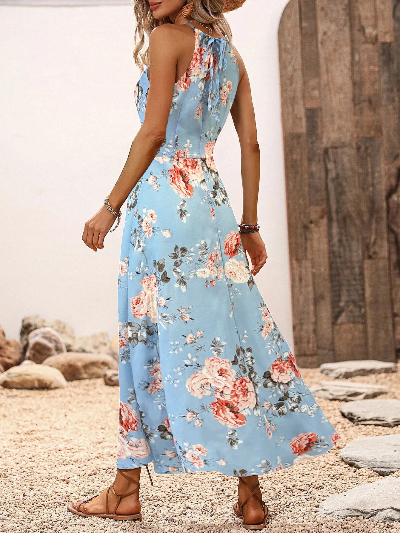 Elegant Floral Print High Slit Halter Dress