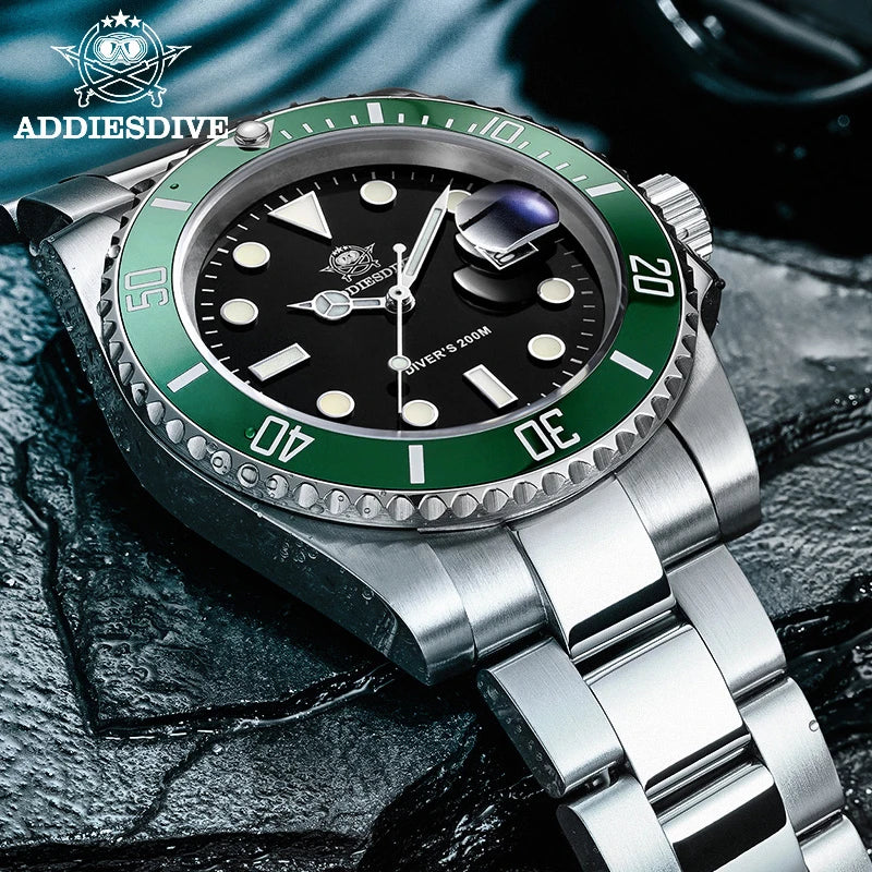 ADDIESDIVE NEW Luxury Men’s Quartz Watch 200M Diver Watch BGW9 Super Luminous Ceramic Bezel Stainless Steel Business Wristwatch