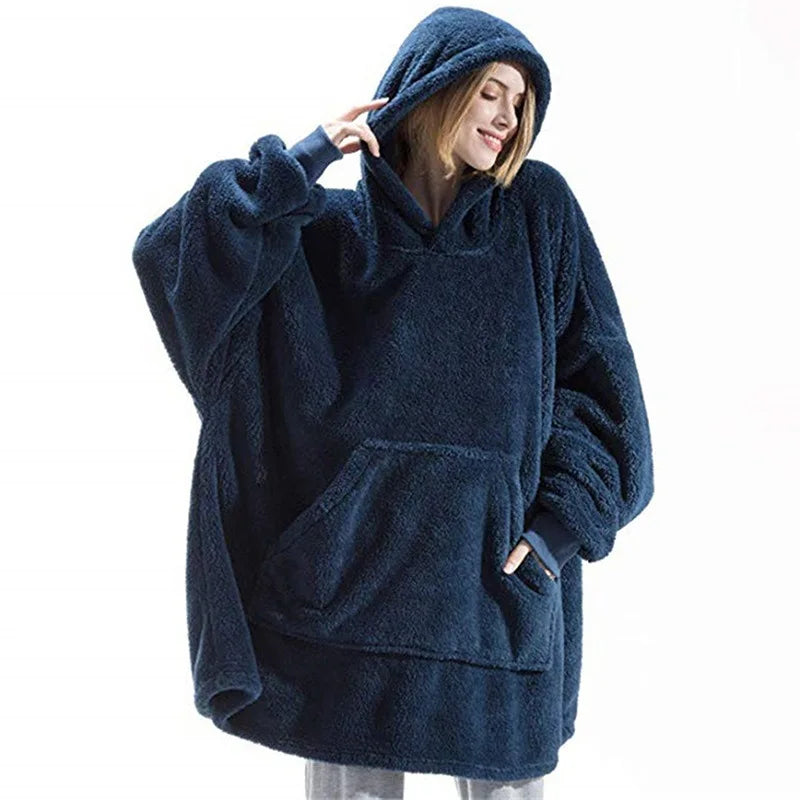 New Winter Women Double-faced Fleece Hoodie Blanket Oversize Large Pocket Warm Couple Loose Sweatshirts Women And Men Robe