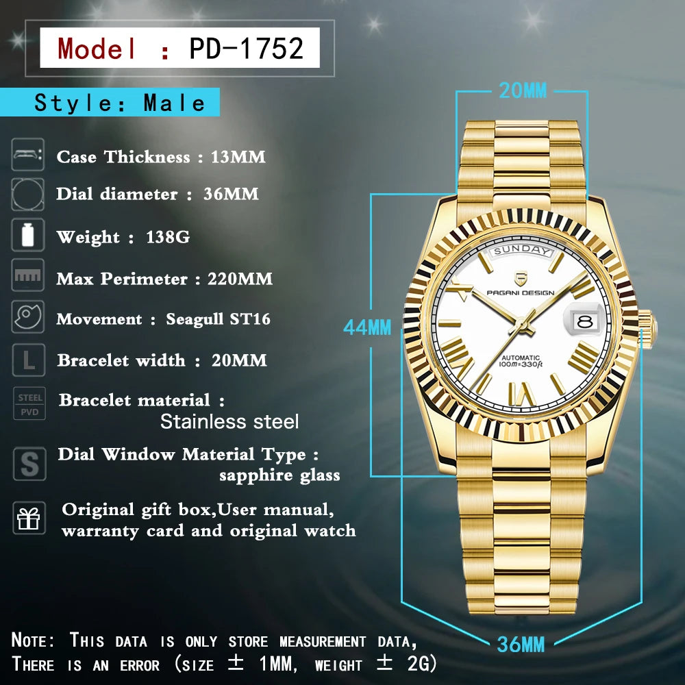2026 New PAGANI DESIGN DD36 Men's Watches Gold Luxury Automatic Watch Men Mechanical Wristwatch Man Waterproof AR Sapphire Date