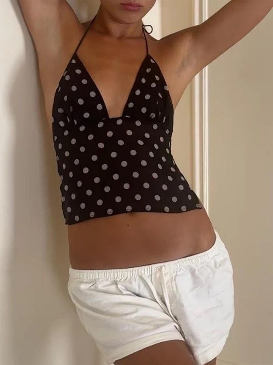Women's Polka Dot Halter Cami | Backless V-Neck Y2K Coquette Crop Top